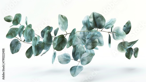 Eucalyptus leaf sections floating, 3D render, bluishgreen, isolated on white, tilted angle photo