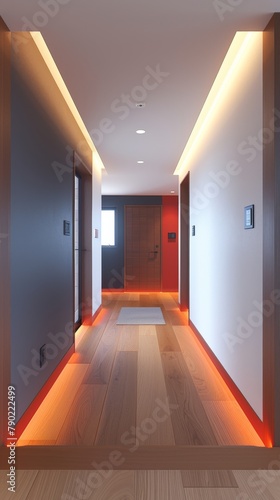A long, narrow hallway with wood floors and red cove lighting along the base of the walls. photo