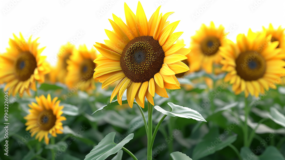 A close up of a yellow sunflower with a bunch of other sunflowers in the backgro