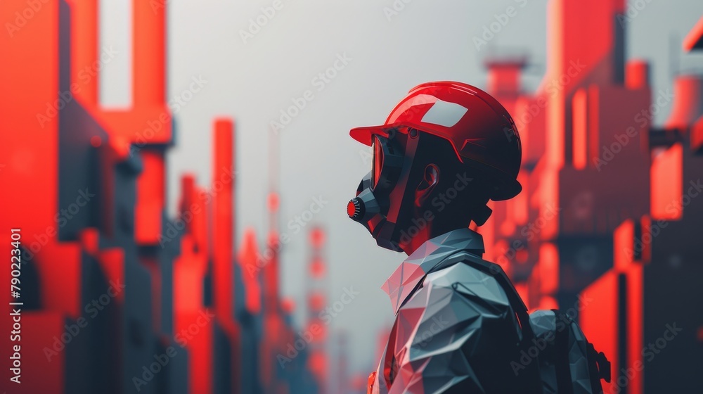 A man wearing a red hard hat and a gas mask stands in a red and gray cityscape. A man wearing a red hard hat and a gas mask stands in a red and gray cityscape.