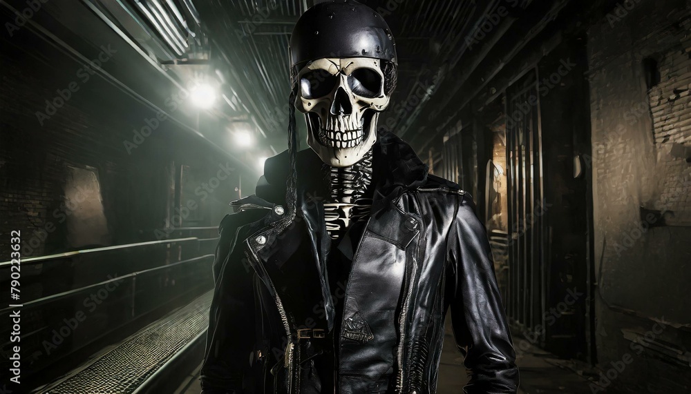 Skeleton with distinctive skull, dressed in black leather. Punk Outfit.  AI Generated