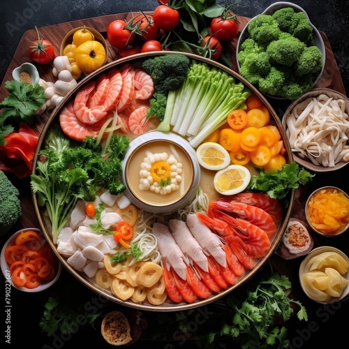 Top view of healthy food with full nutrition consisted of protein, carbohydrate, vitamin, and fat proportionally arranged on a plate. Generative AI.