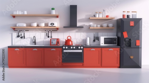 A modern kitchen with red cabinets and black appliances. The kitchen is well-lit and has a large window.