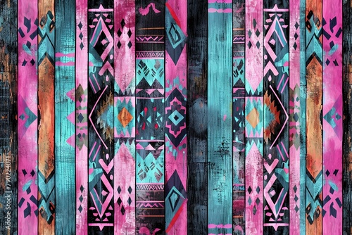 Colorful Tribal Pattern on Wooden Texture photo