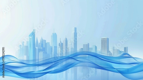 Dynamic Urban Skyline Presentation Template with Abstract Blue Wave