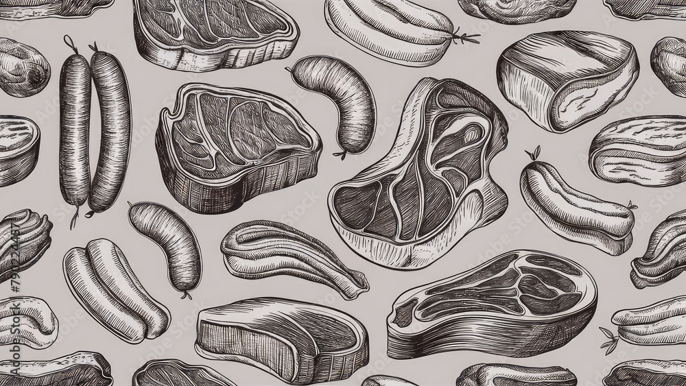 meat black white sketch seamless pattern with beef and pork meat black white sketch seamless pattern with beef and pork