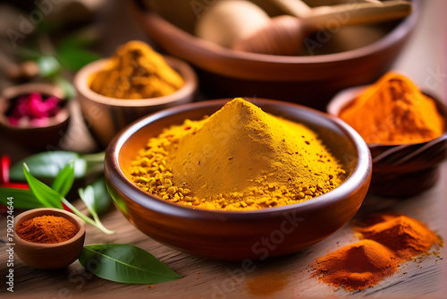 Indian Garam Masala, Haldi Powder, Indian spices, turmeric, Selective focus. Masala Powder is used to prepare Pav Bhaji, biryani and curry. Best for Indian popular street food. AI Generated.