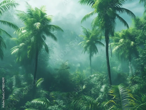 A lush green jungle with palm trees and a misty atmosphere. The trees are tall and dense, creating a sense of depth and mystery. The mist adds to the overall mood of the scene, making it feel serene