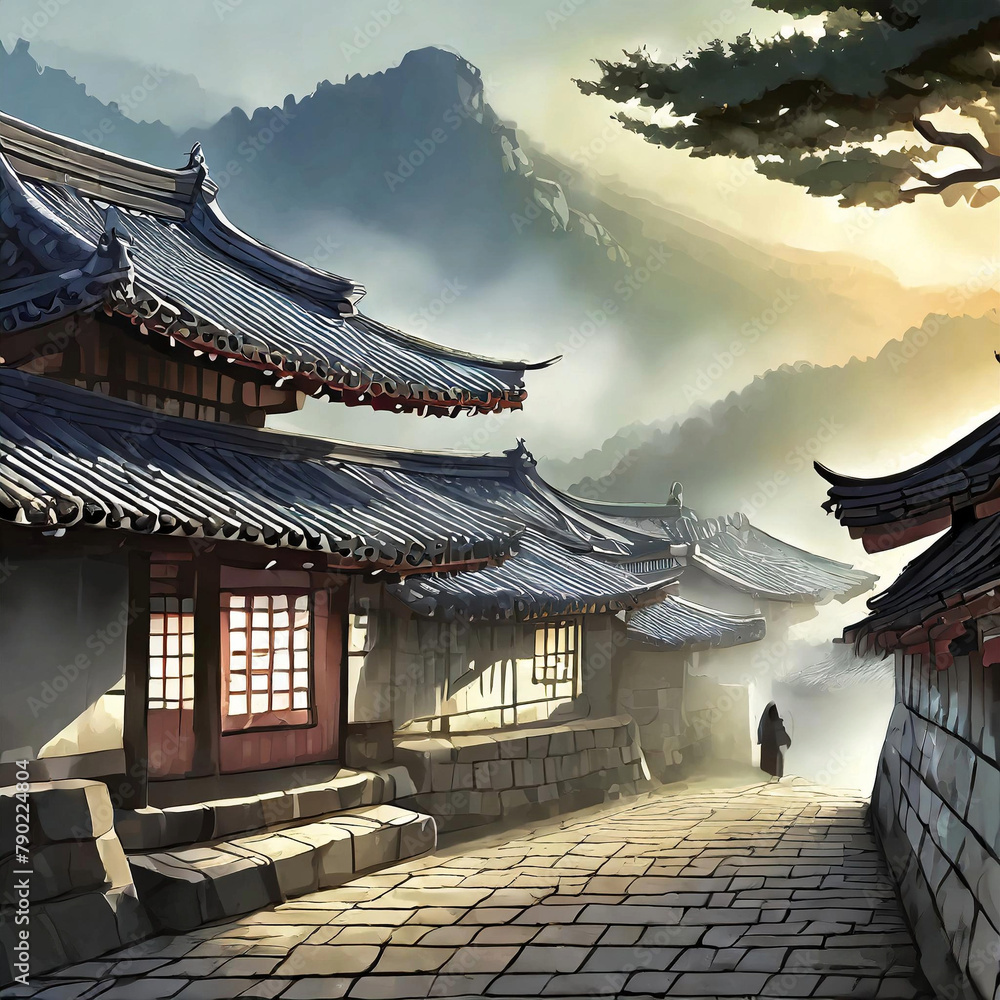 새벽을 배경으로 한 한국의 전통 기와집