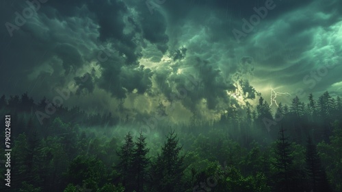 Cloudy sky casts shadows over a dark forest  creating an eerie atmosphere