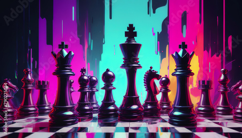 An epic illustration of a chess game. The concept of a chess game. Chess pieces on a chessboard. #790225074