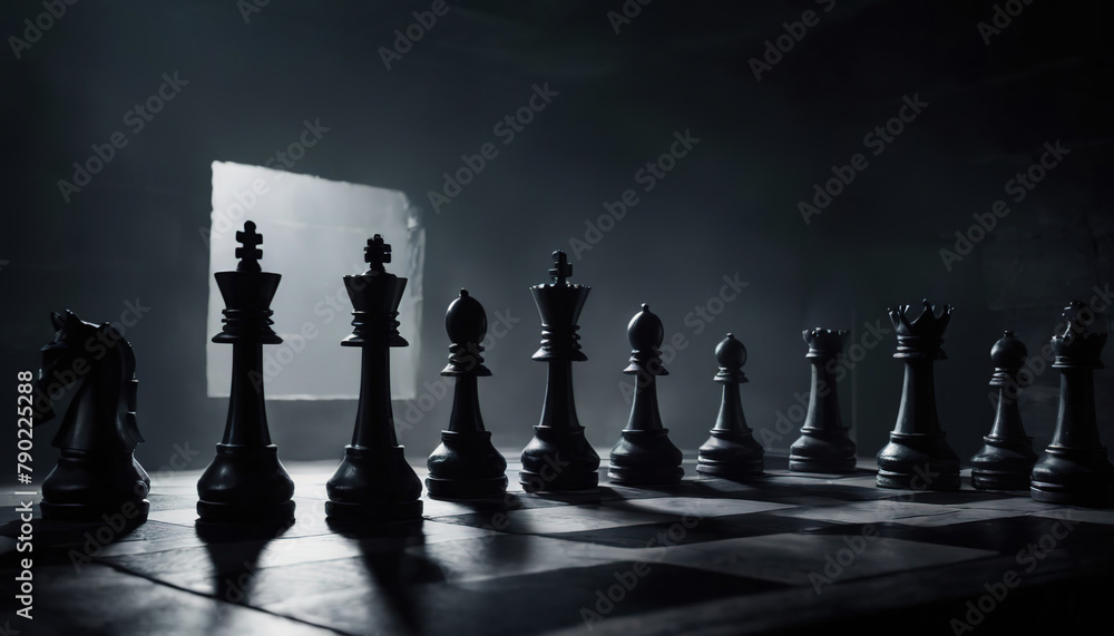 An epic illustration of a chess game. The concept of a chess game. Chess pieces on a chessboard. An epic illustration of a chess game. The concept of a chess game. Chess pieces on a chessboard.