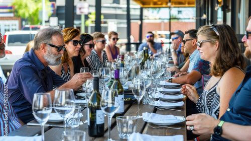 Group of alcohol experts tasting wine on summer restaurant terrace