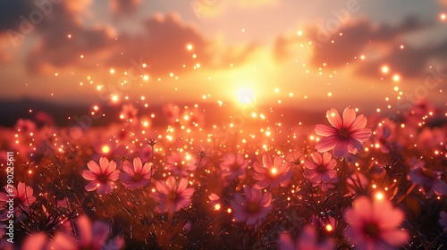 Sunset meadow, celestial bloom, blossoms of the cosmos, dynamic field, evening spectacle, astral beauty © AlexCaelus