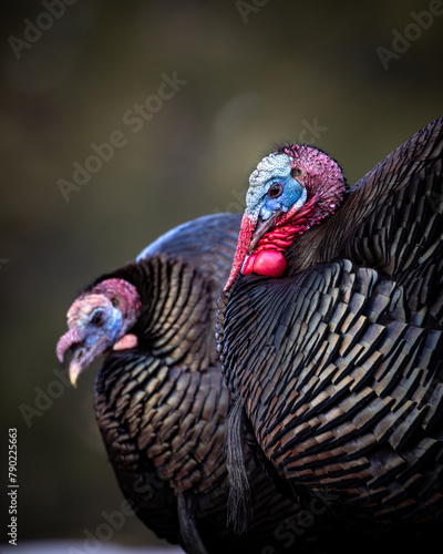 Close up of two Merriam's tom turkeys - Meleagris gallopavo - in early spring Colorado, USA