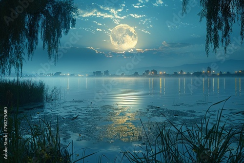 Whispering willows, moonlit secrets, lakeside, serene whispers under moon, panoramic view, gentle waves, whispered lore photo