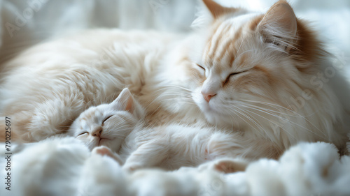 a white cat and her kitten layin a serene moment 