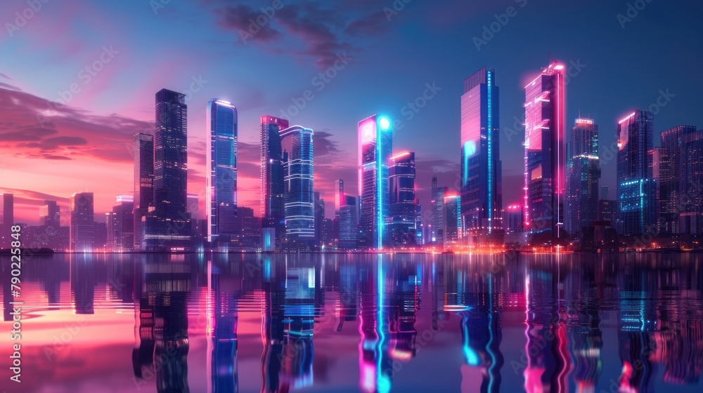 A beautiful futuristic cityscape with a river in the foreground and skyscrapers in the background. The sky is a gradient of pink and blue, and the city is lit up with neon lights.