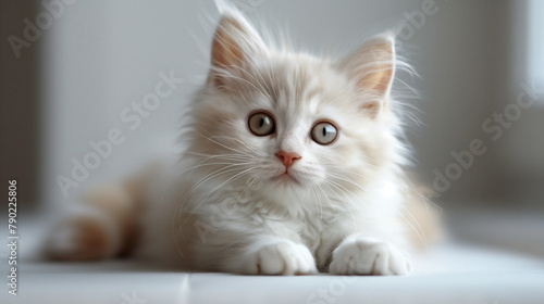 a white fluffy baby cat lying down with a curious and attentive gaze