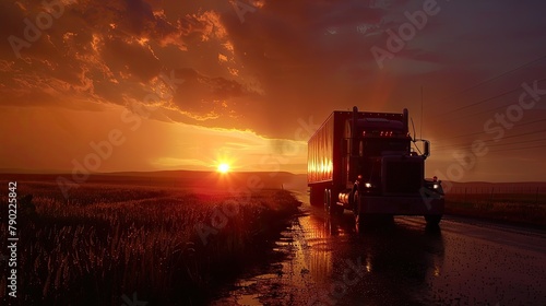 Serene Rural Landscape with Truck Driving at Sunset