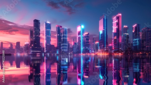 A beautiful futuristic cityscape with a river in the foreground and skyscrapers in the background. The sky is a gradient of pink and blue, and the city is lit up with neon lights. © Wavezaa