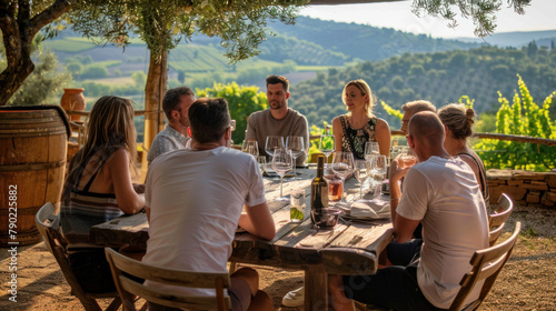 People having dinner and talking at the vineyard, summer scene © Kondor83
