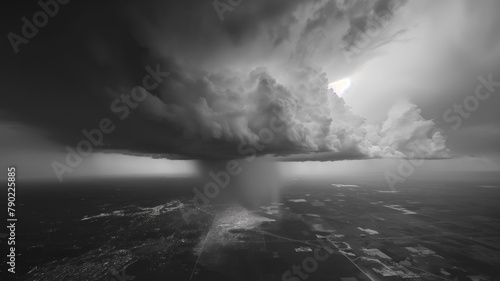 Aerial view. Black and white photography of the Intense Supercell Thunderstorm, dark with clouds. Landscapes photography.  © Furkan