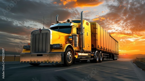 Golden Hour Tractor-Trailer Driving on Scenic Road #790225887