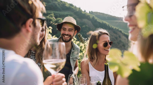 Happy tourists drinking wine on a vineyard, agritourism concept