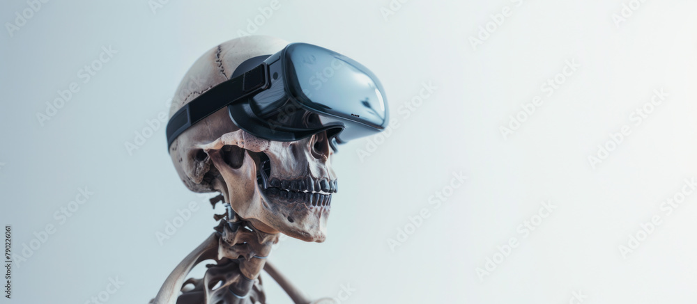 Obraz premium Skeleton wearing virtual reality headset, technologies of the future for everyone