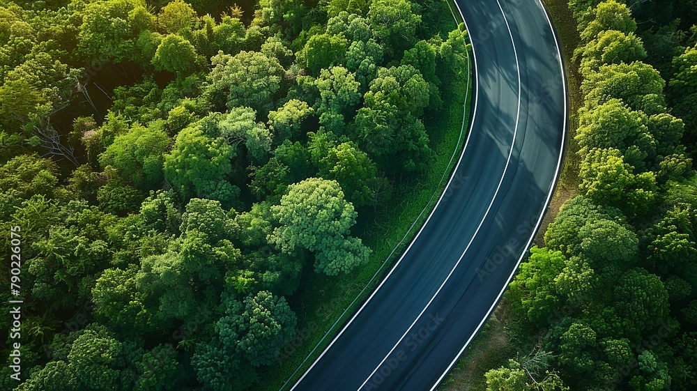 wonderful landscape of a pine forest from a bird's eye view through which a road leads, image made by artificial intelligence