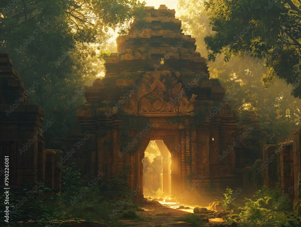 Naklejka premium A large archway in a forest with sunlight shining through it. The archway is surrounded by trees and he is a part of a larger structure. Concept of mystery and wonder