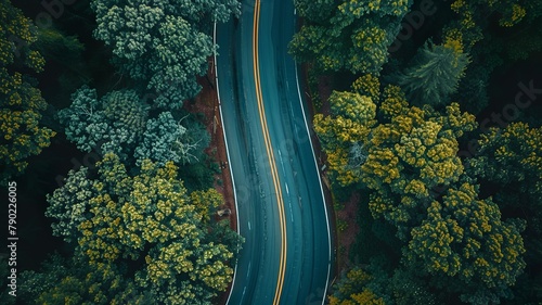 wonderful landscape of a pine forest from a bird's eye view through which a road leads, image made by artificial intelligence © Sndor