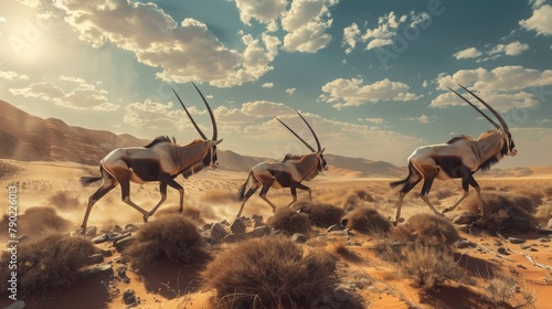 A herd of antelope gracefully roaming the grassland under the vast desert sky