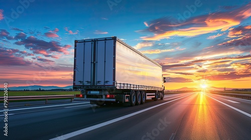 Serenity in Motion: Semi-Truck Driving into the Sunset on a Cloudy Day