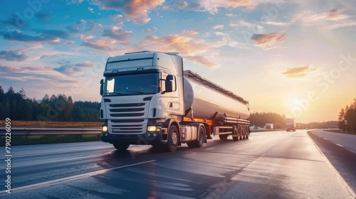 Tranquil Semi-Trailer Truck on Road at Sunrise/Sunset