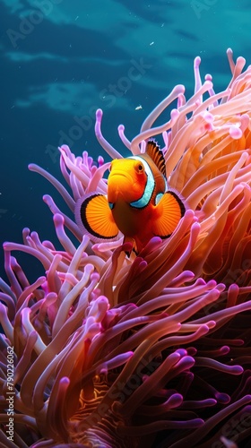 A clownfish is swimming in a sea anemone. © Wavezaa