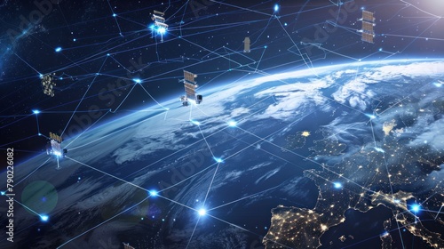 A constellation of satellites orbits the Earth, beaming signals down to the planet's surface.