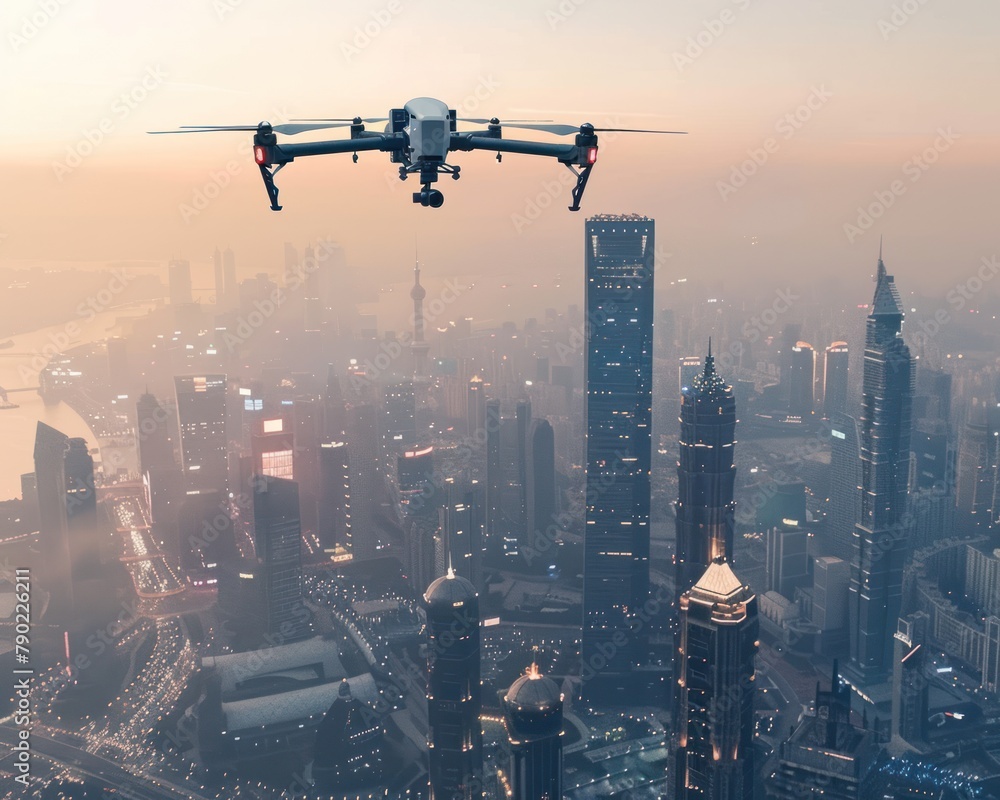 A drone is flying over a city at sunset. A drone is flying over a city at sunset.