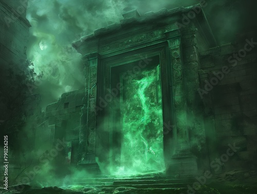 A green door with a green glow coming out of it. The door is in a dark, mysterious setting