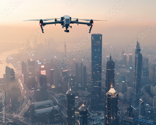 A drone is flying over a city at sunset.