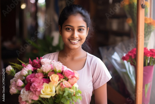 Indian woman holding flower bouquet at flower shop