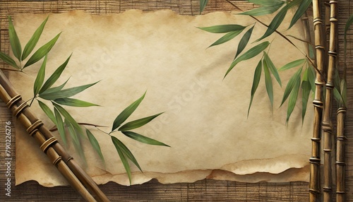 Vintage traditional Japanese mockup, bamboo leaves on wood background paper. Painting on old paper