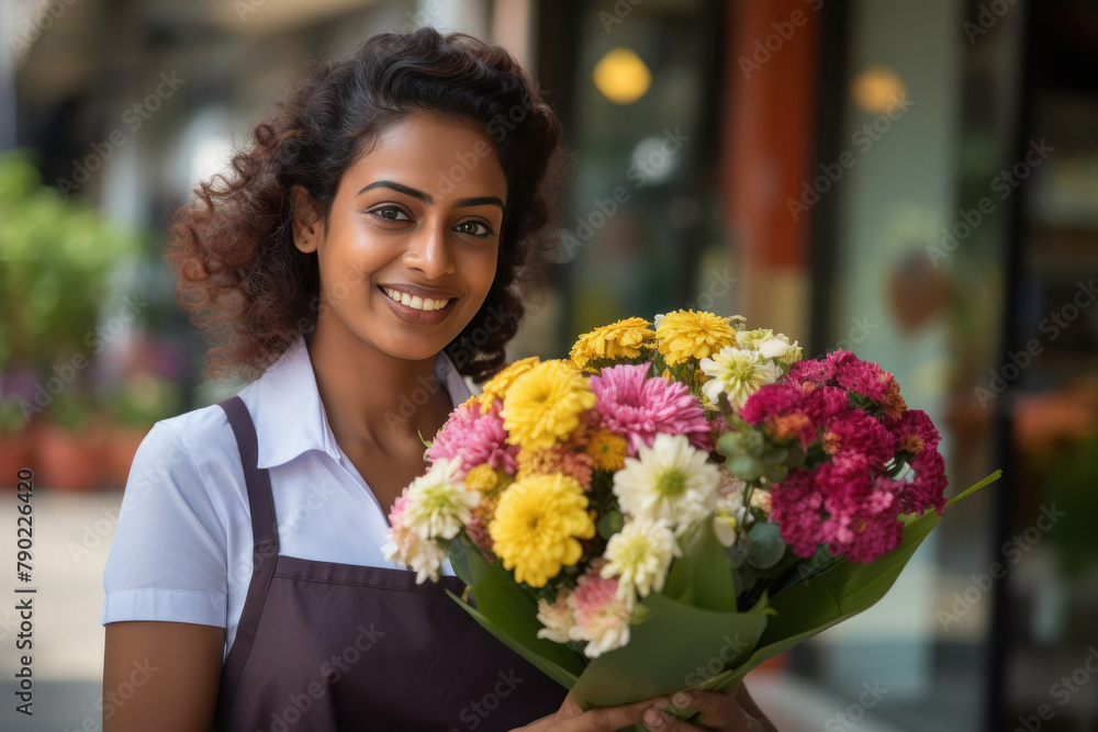 Indian woman holding flower bouquet at flower shop