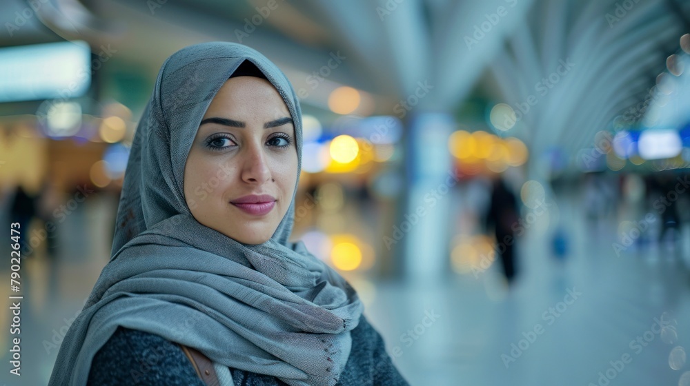 portrait of a beautiful muslim woman with hijab in an airport looking at the camera portrait of a beautiful muslim woman with hijab in an airport looking at the camera