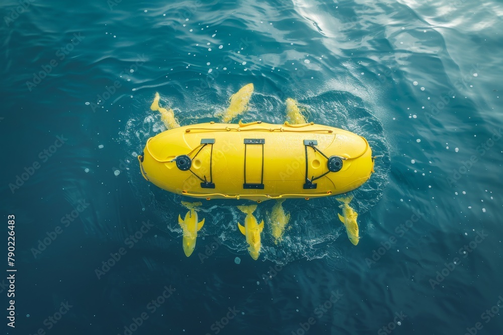 A yellow underwater drone is being followed by a school of yellow fish. A yellow underwater drone is being followed by a school of yellow fish.