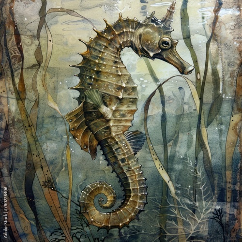 A highly detailed painting of a sepia toned seahorse with a single horn swimming in a kelp forest. photo