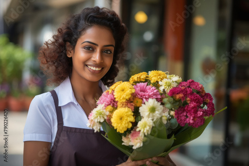 Indian woman holding flower bouquet at flower shop © Neha