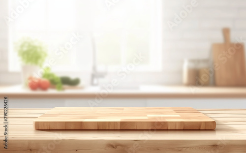 Empty wooden table top with a blurred kitchen interior background for product display montage, white and wood color scheme, blurred vegetables in the BG, kitchen counter with modern design.