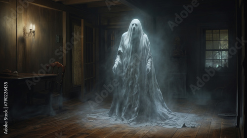A scary scence of white energy spirit smoke presence ghost in a haunted abandon house dark and horror atmosphere